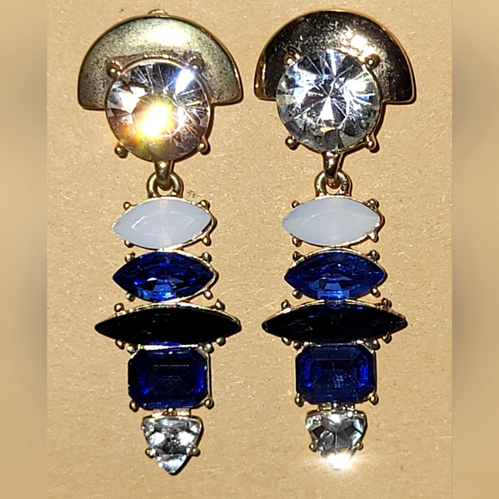 Glam Blue / Clear Rhinestone Cabochon Dangle Goldtone Stud Earrings